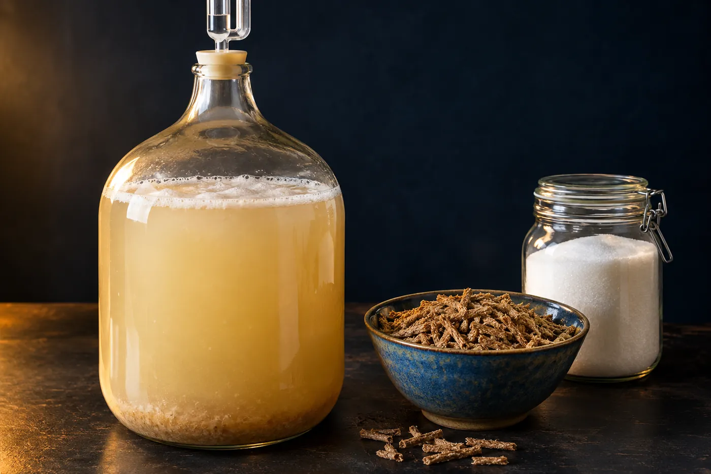 A glass demijohn of cloudy, pale gold sugar wash under an airlock, with a bowl of bran cereal and a jar of white sugar beside it.
