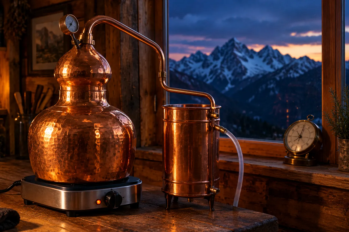 A hammered copper pot still on an electric hotplate in a mountain cabin, with a thermometer on its head, a barometer on the windowsill and snow-capped peaks at dusk outside.