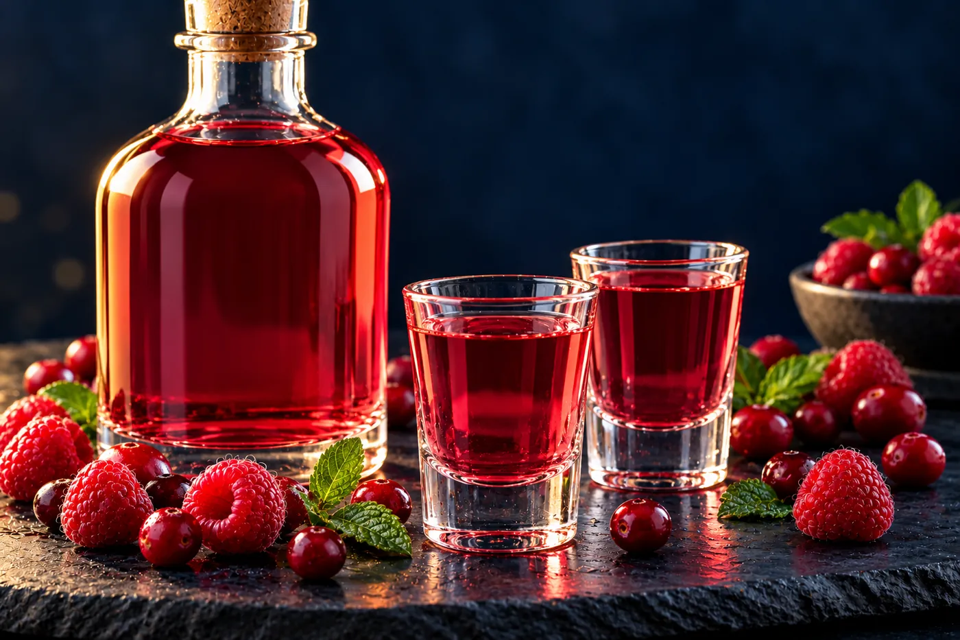 A glass bottle of ruby-red berry liqueur and two small glasses on dark slate, surrounded by fresh raspberries, cranberries and mint leaves.