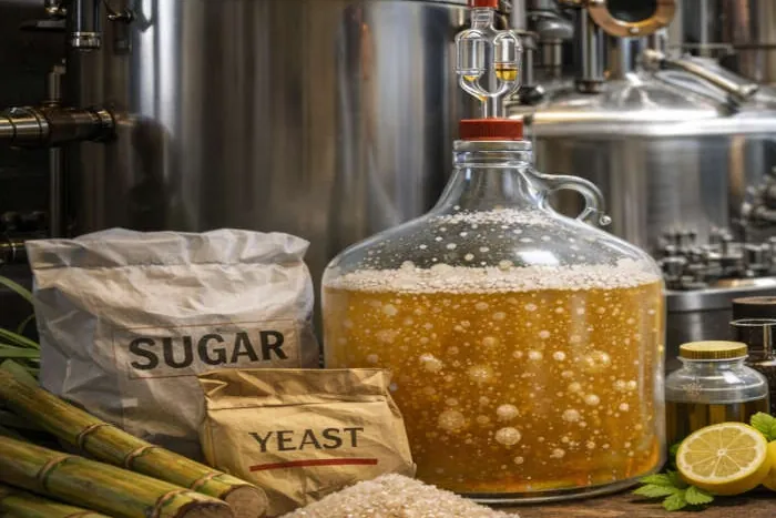 A glass demijohn of golden, bubbling sugar wash under an airlock, beside bags of sugar and yeast and a stainless still.