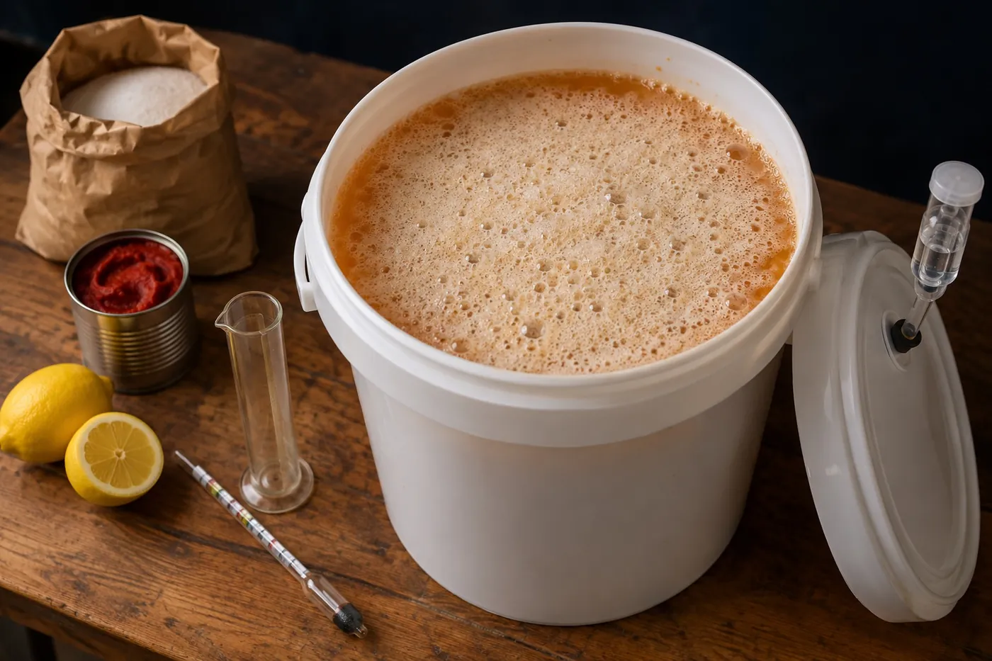 A white fermenting bucket full of orange-tinted wash under a thick head of foam, with sugar, tomato paste, lemons and a hydrometer on the bench beside it.