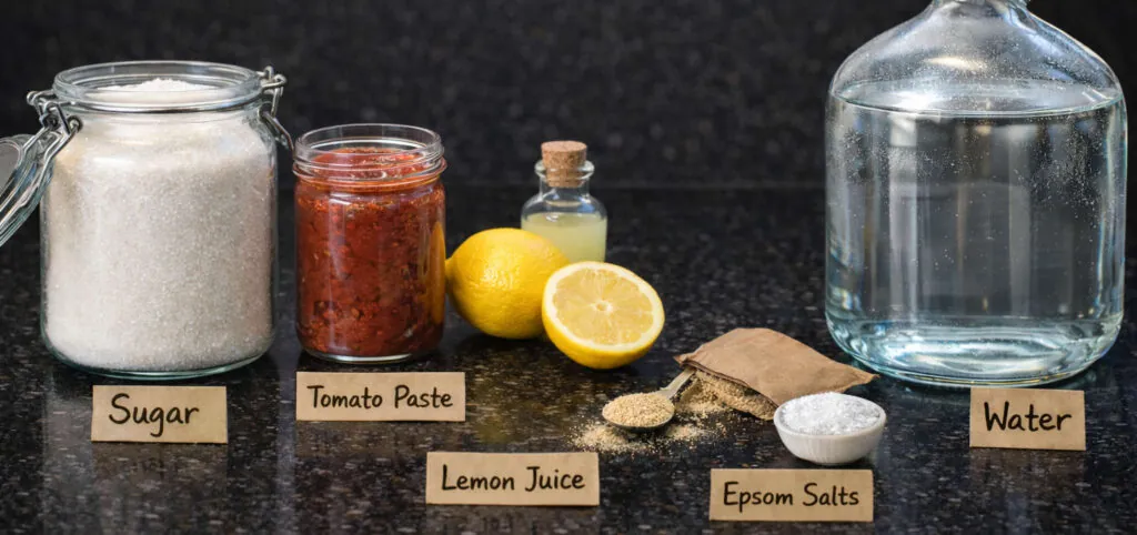 The Birdwatchers ingredients laid out: a jar of sugar, a jar of tomato paste, lemons and lemon juice, yeast, Epsom salts and a large bottle of water.