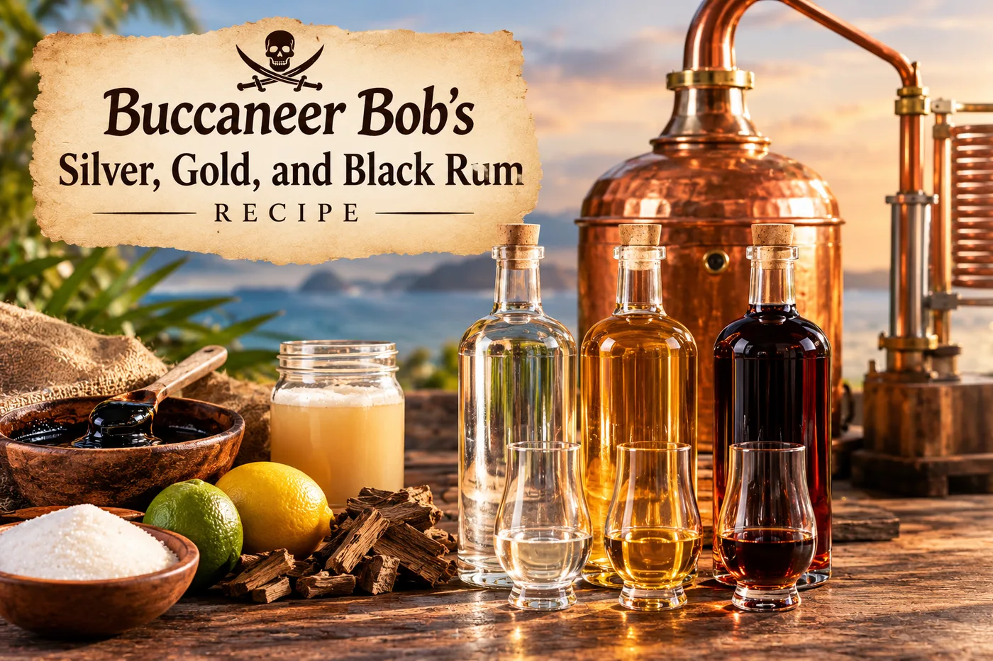Three bottles and tasting glasses of rum - clear, golden and near-black - on a wooden table by the sea, with blackstrap molasses, sugar, a lemon and a lime, a jar of yeast, oak chips and a copper pot still.
