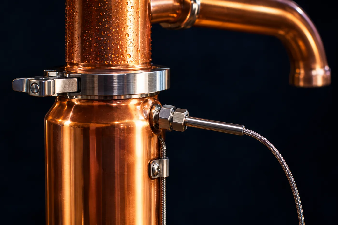Close-up of a copper column head with a stainless steel thermowell fitted through its side and a braided sensor cable clipped to the column.
