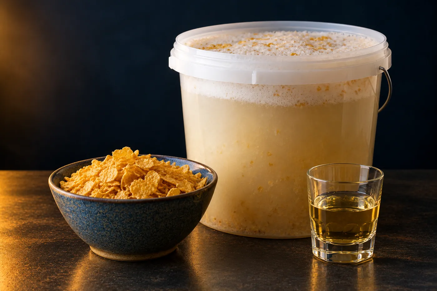 A bowl of golden cornflakes beside a fermenting bucket with a foamy head flecked with cereal, and a small glass of pale gold whiskey.