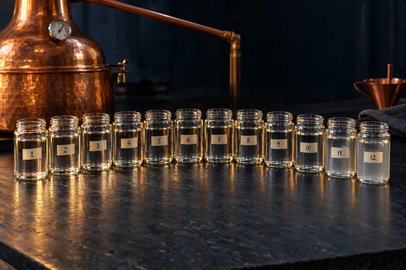 Twelve numbered jars of clear spirit in a row on a slate bench beside a copper pot still; the last two are faintly hazy.