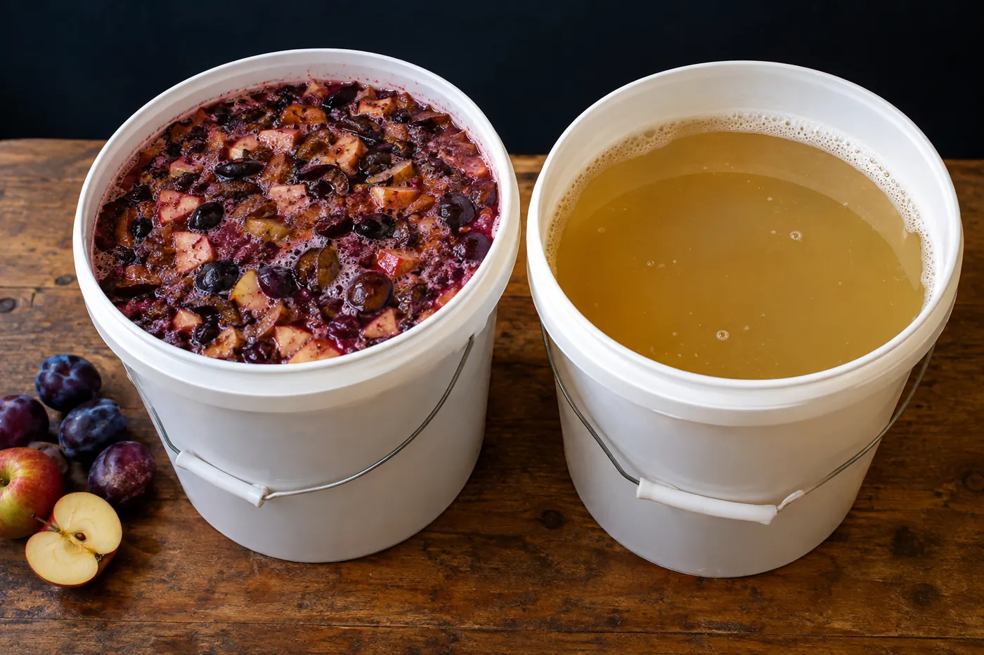 Two fermenting buckets side by side: a pulpy purple mash of crushed plums and apples with their skins, and a plain golden sugar wash.