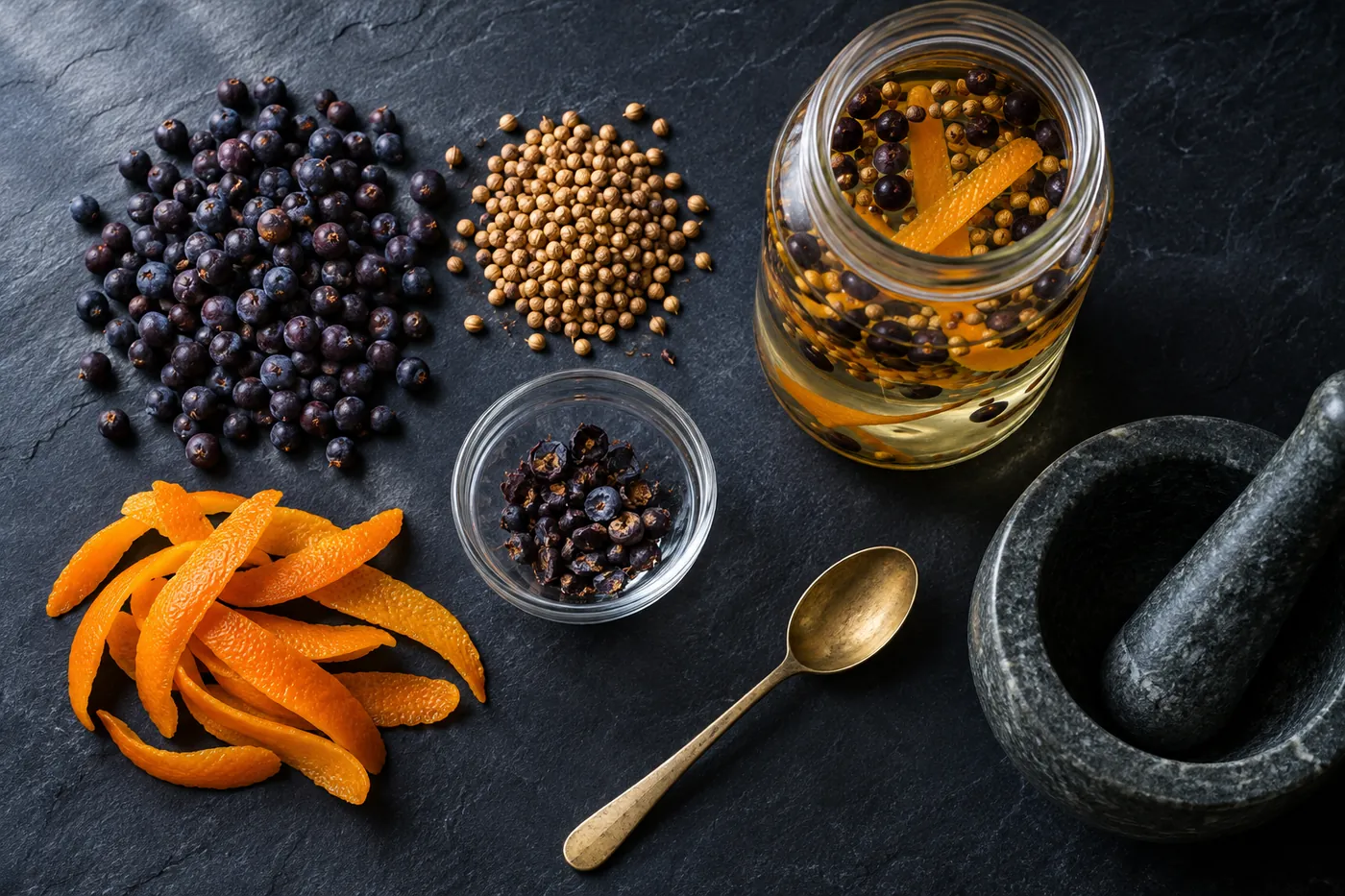 Juniper berries, coriander seed and strips of tangerine peel on dark slate, beside a jar of spirit with the botanicals steeping in it.