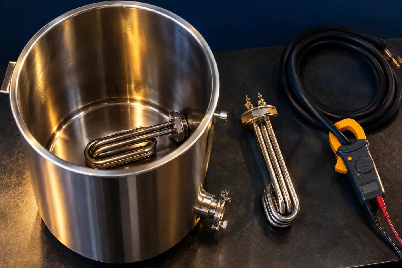 An open stainless steel boiler with a screw-in heating element inside, beside a spare element, a coiled mains cable and a clamp meter on a dark bench.
