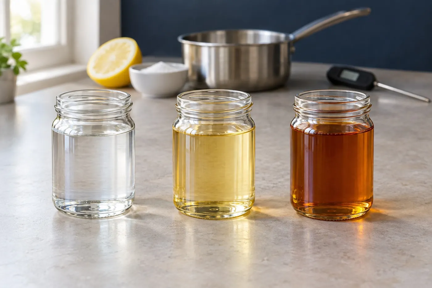 Three jars of sugar syrup side by side: water-clear, pale straw and deep amber.