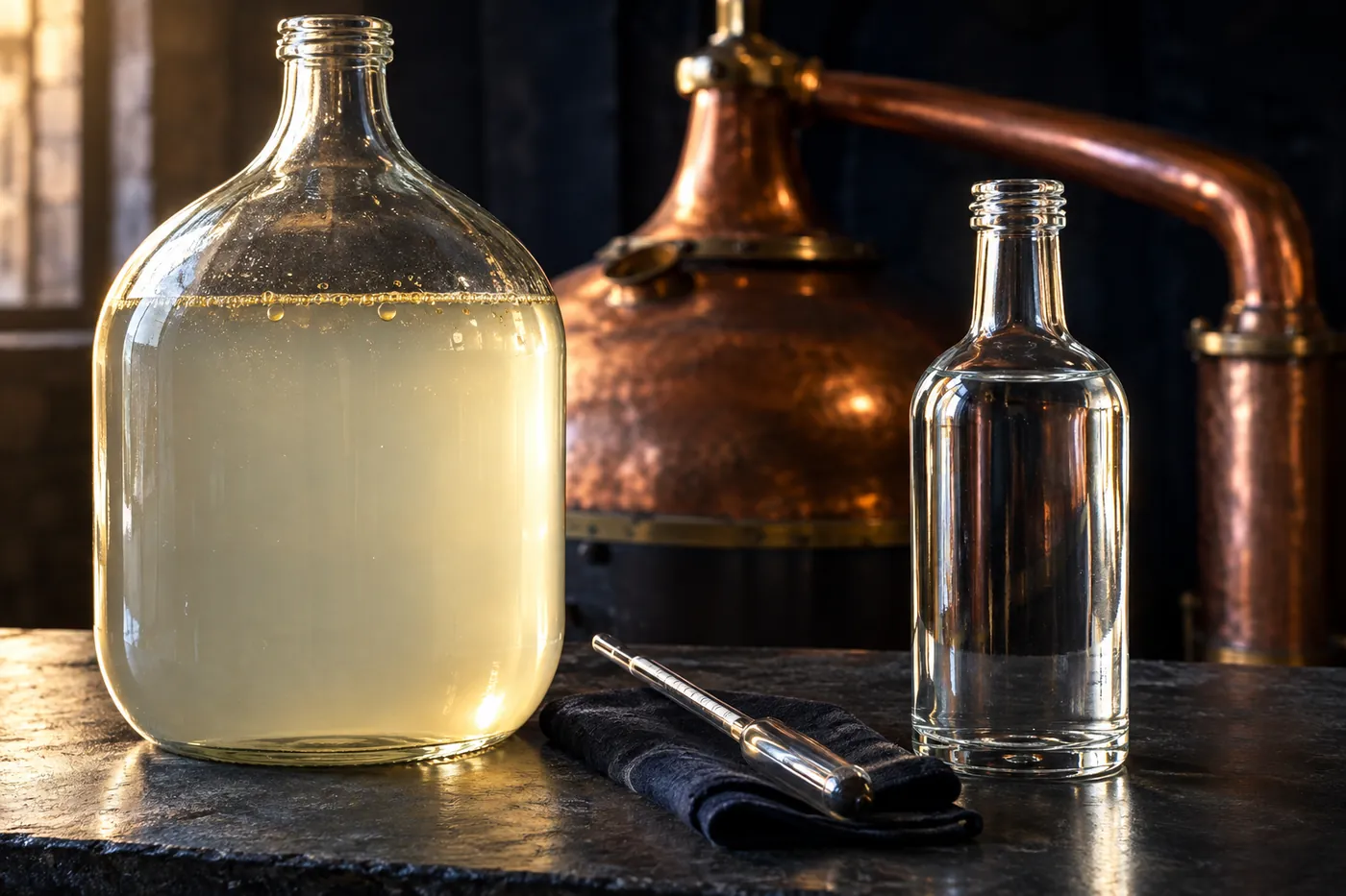 A large glass demijohn of slightly cloudy, pale yellow low wines beside a small bottle of water-clear spirit, with an alcoholmeter between them and a copper pot still behind.