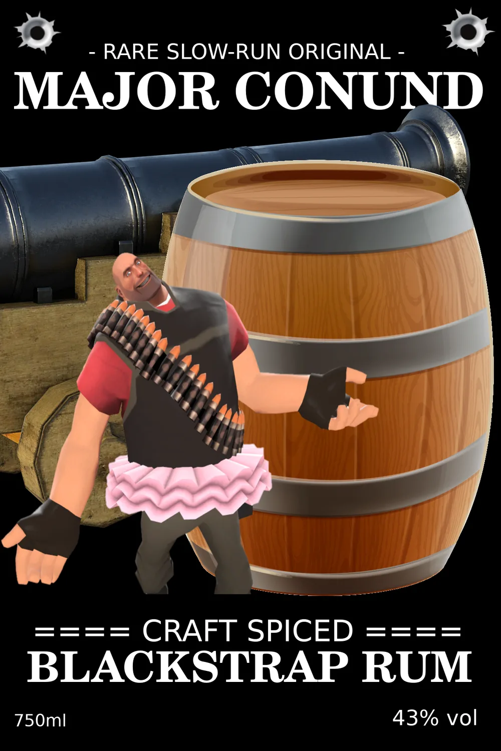 A black bottle label for Major Conund craft spiced blackstrap rum: a cheerful heavyset character in a pink tutu presents an oak barrel in front of an old iron cannon. 750 mL, 43% vol.