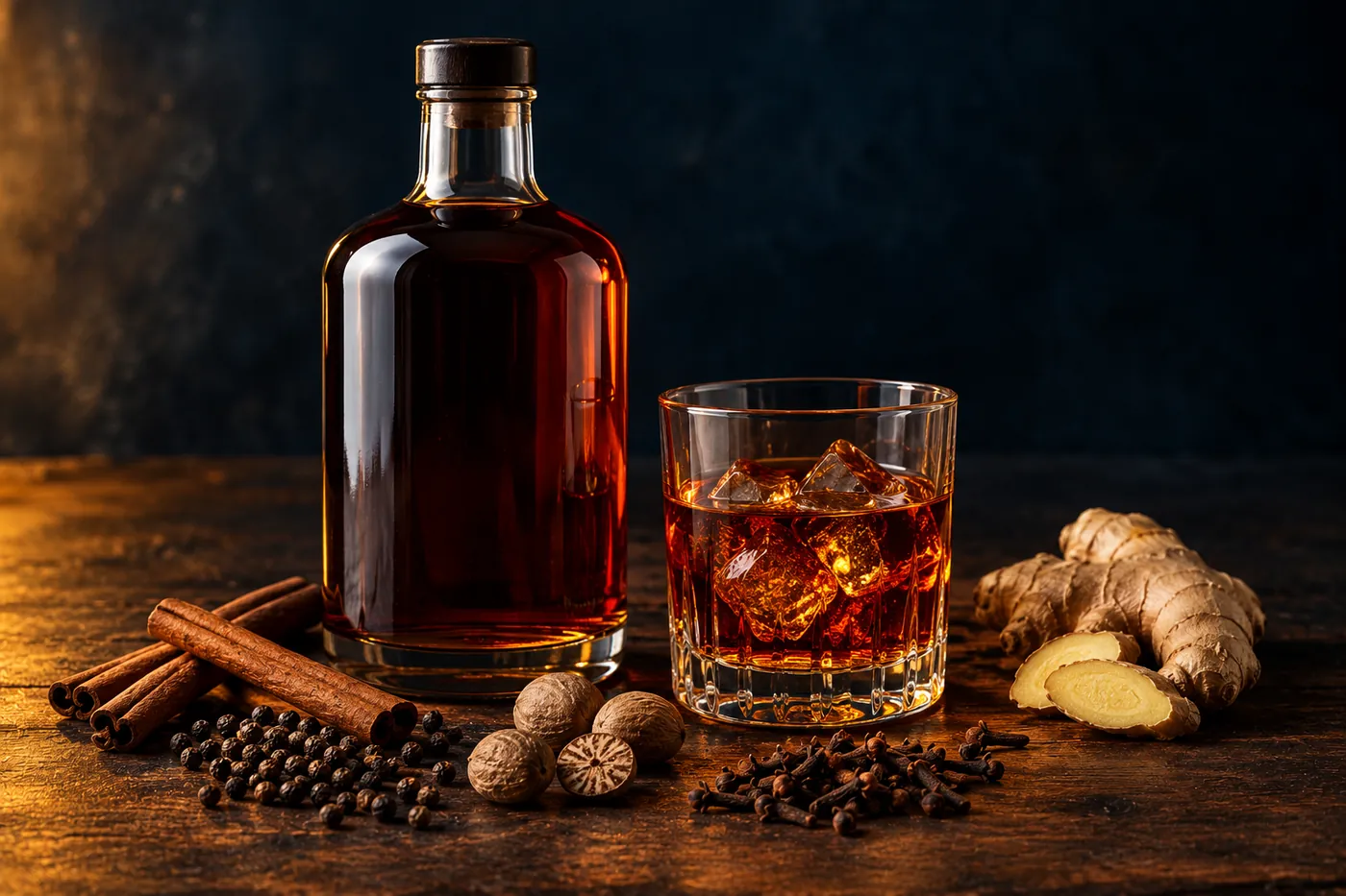A bottle of deep mahogany spiced rum and a tumbler of it over ice, on dark wood with cinnamon sticks, black peppercorns, whole nutmegs, cloves and fresh ginger.