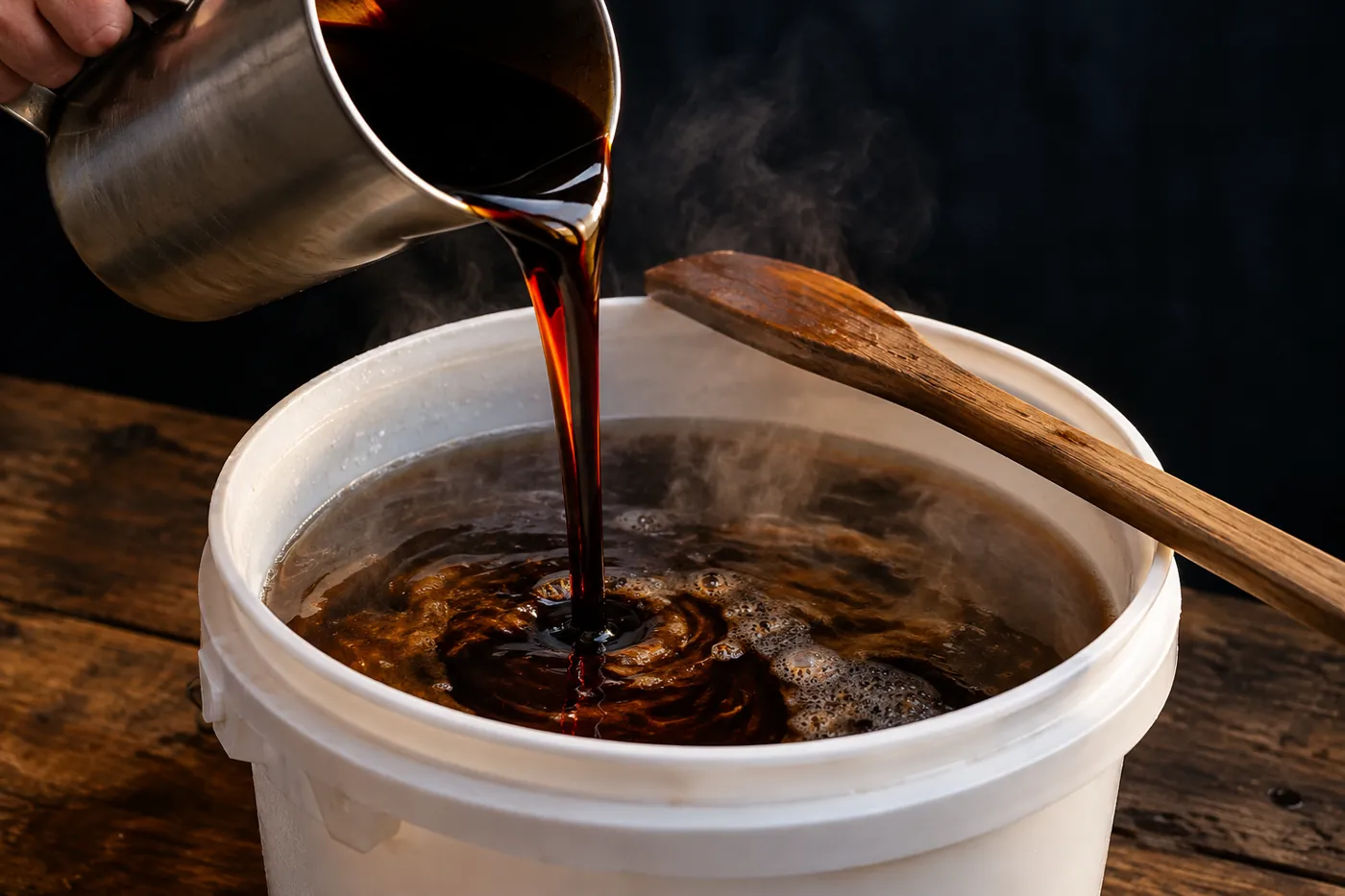 Thick, dark molasses pouring from a steel jug into a steaming white bucket of hot water.