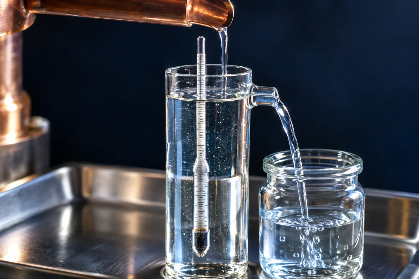 Clear spirit running from a copper outlet into a glass parrot, where an alcoholmeter floats, and overflowing from its spout into a jar.
