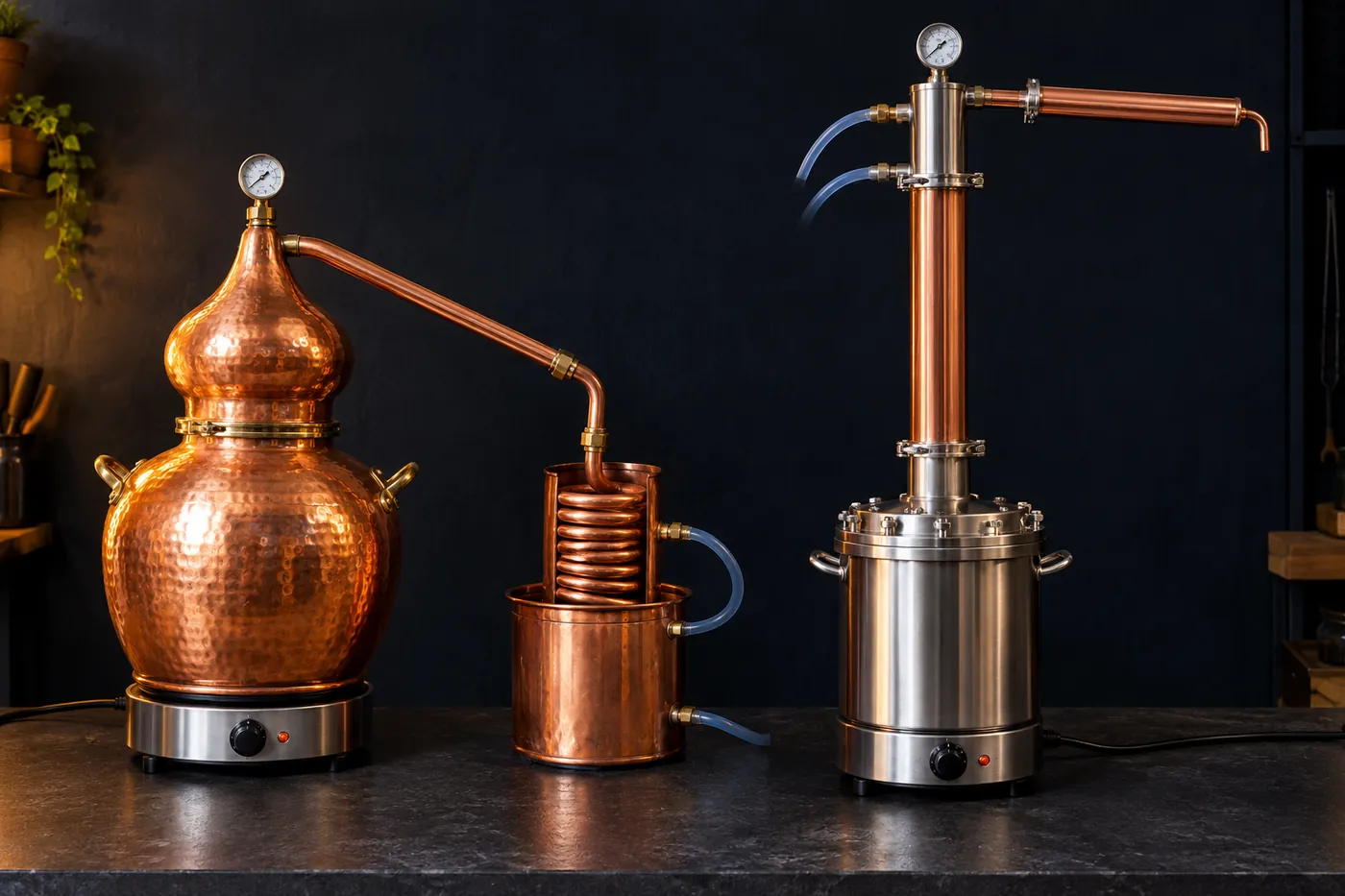 A hammered copper pot still with an onion-shaped helmet and a worm condenser, beside a stainless reflux still with a tall copper column.