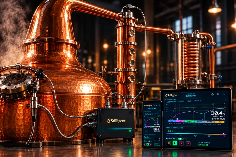 Copper pot still connected to a Stilligent controller, with the dashboard on a phone and tablet.