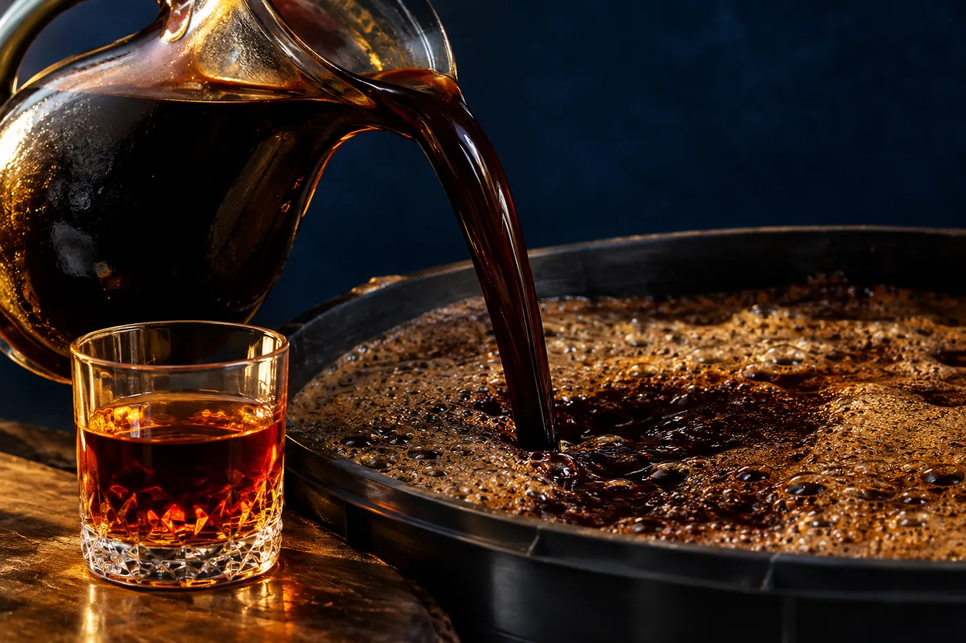 Thick, dark molasses pouring from a glass jug into a vat of dark, foaming rum wash, beside a tumbler of amber rum.