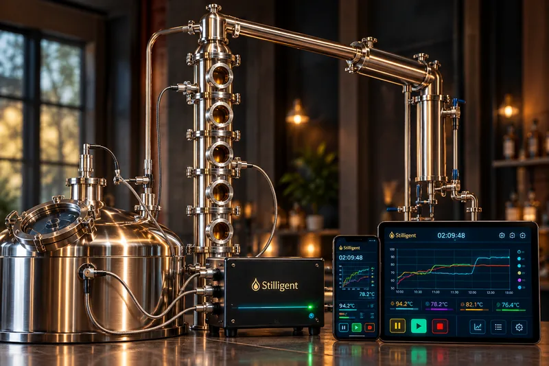Stainless reflux column wired to a Stilligent controller, with run charts on a phone and tablet.