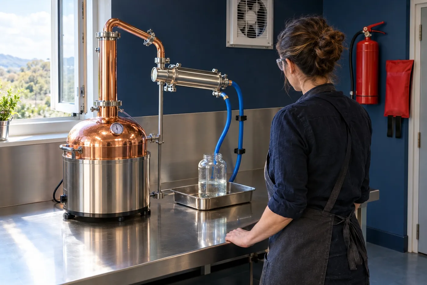 A distiller wearing safety glasses stands beside an electric copper still on a steel bench, with an open window, an extractor fan, a fire extinguisher and a fire blanket on the wall.