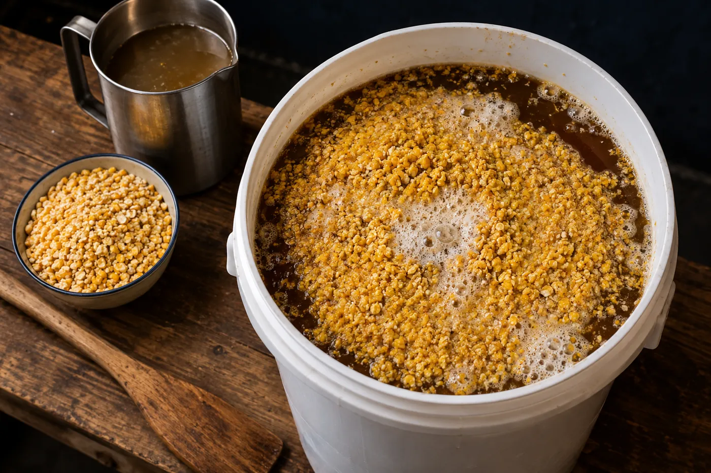 A white fermenting bucket topped with a thick cap of cracked yellow corn and foam, beside a jug of backset and a bowl of cracked corn.