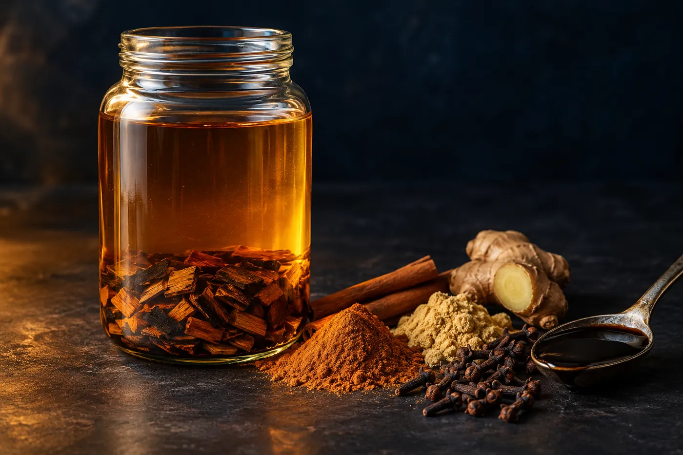 A glass jar of golden spiced rum with toasted oak chips settled at the bottom, beside ground cinnamon, ground ginger, cloves, a piece of fresh ginger and a spoon of dark molasses.