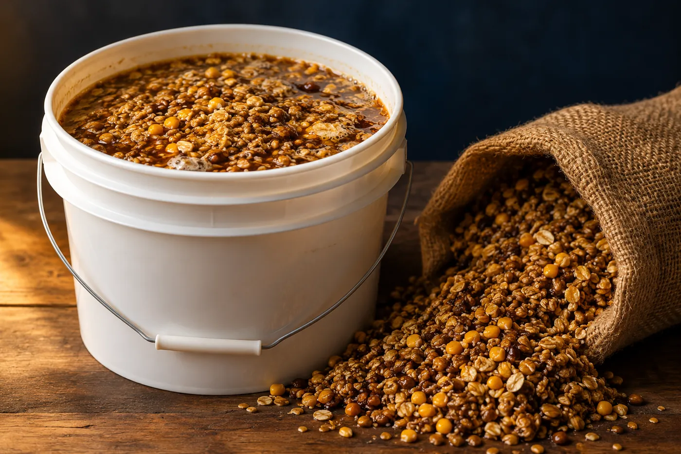 A white bucket of sweet feed mash - cracked corn, rolled oats and barley glossy with molasses - beside a hessian sack spilling the same feed onto a wooden bench.