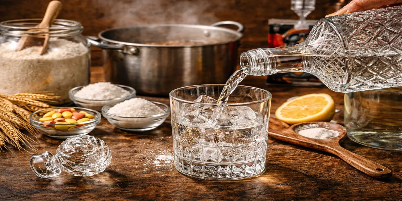 Clear vodka being poured over ice into a cut-crystal glass, with sugar, wheat bran, multivitamins and a lemon on the table behind.
