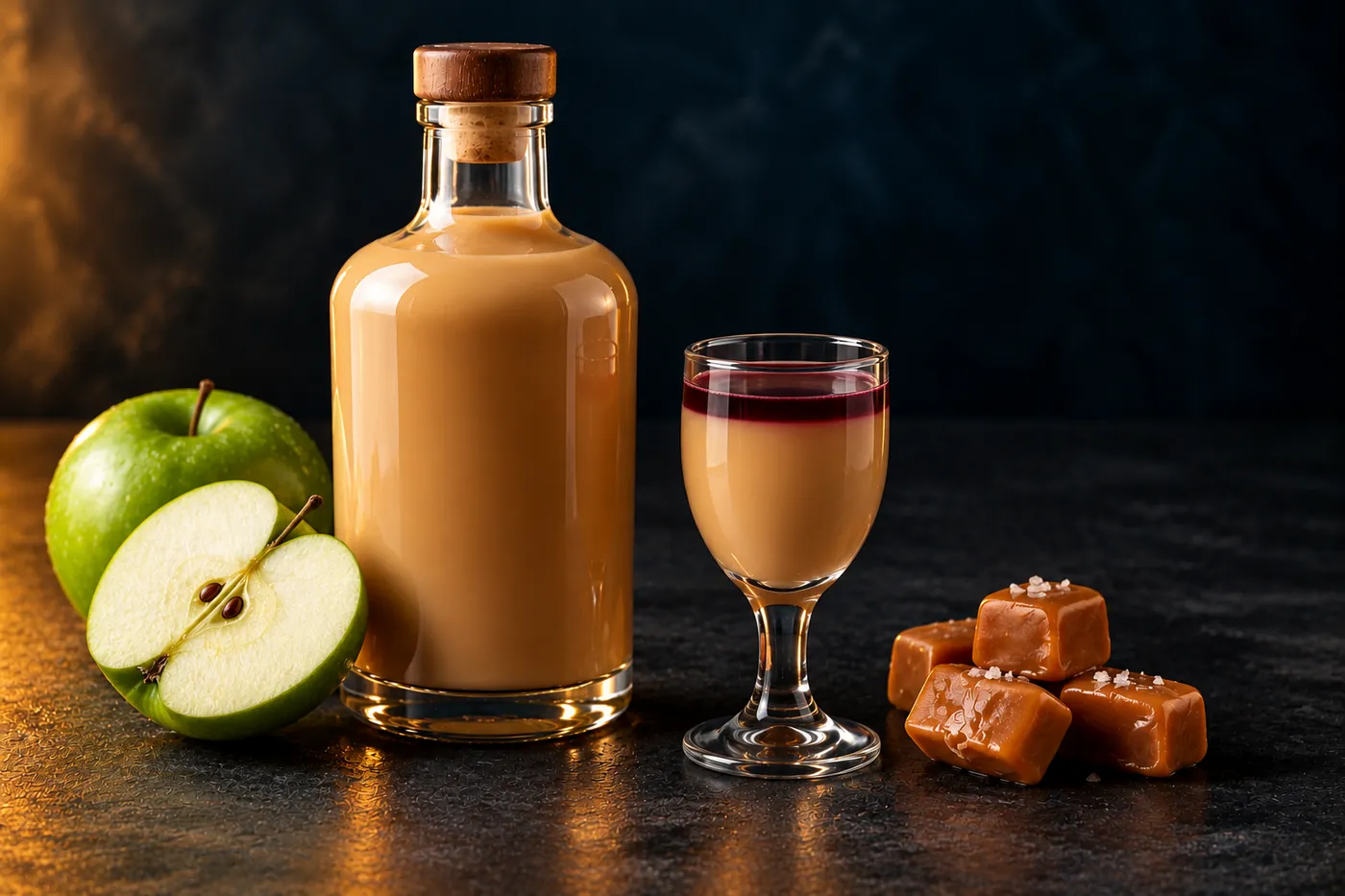 A bottle of creamy caramel-coloured liqueur and a small glass topped with a thin layer of red, beside a halved green apple and soft caramels.
