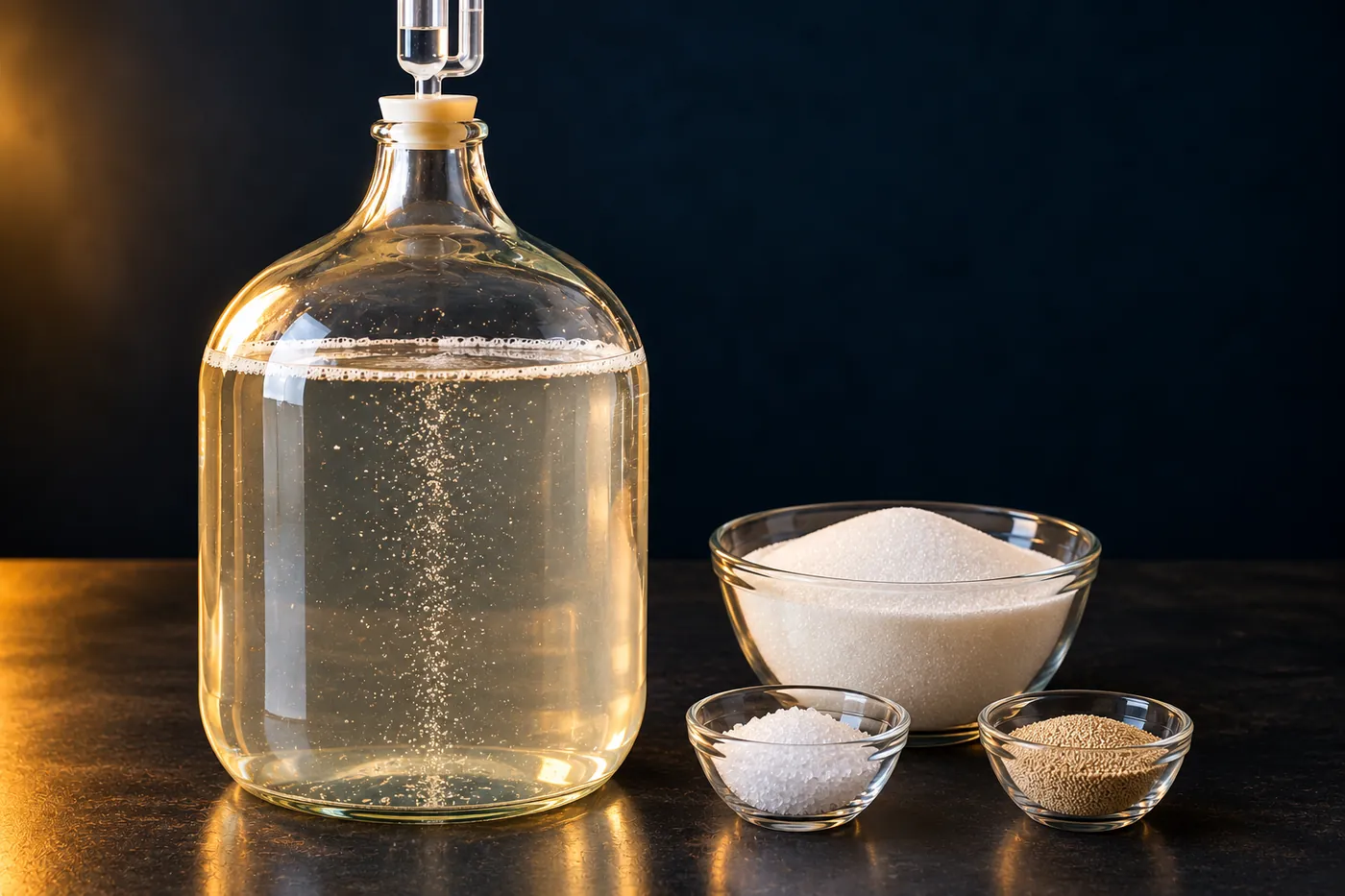 A glass demijohn of nearly water-clear sugar wash with a column of fine bubbles rising through it, beside bowls of sugar, nutrient crystals and yeast.